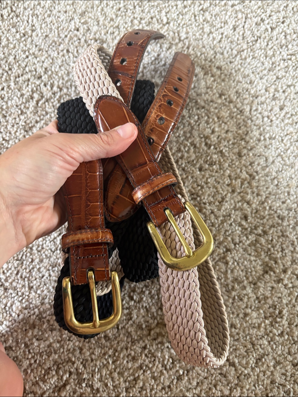 Two Brighton Belts Brown Crocodile Printed Leather With Gold Buckle